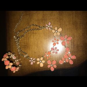 Coral orange pink gold floral bib necklace and bracelet set pageant jewelry
